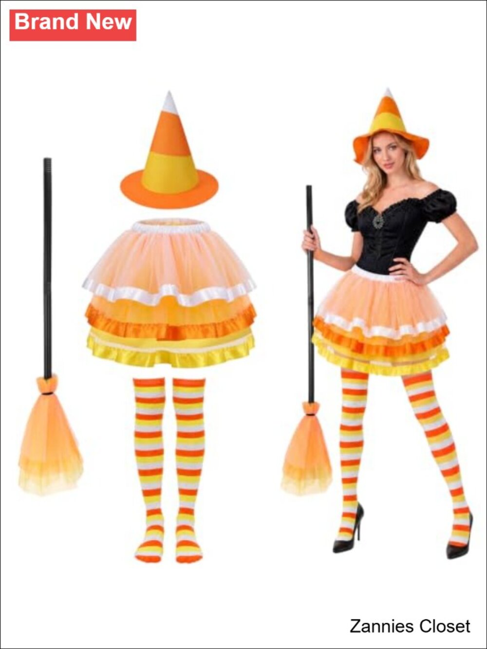 👻 Candy Corn Witch Costume Adult Tutu Hat Socks Broom Halloween Set